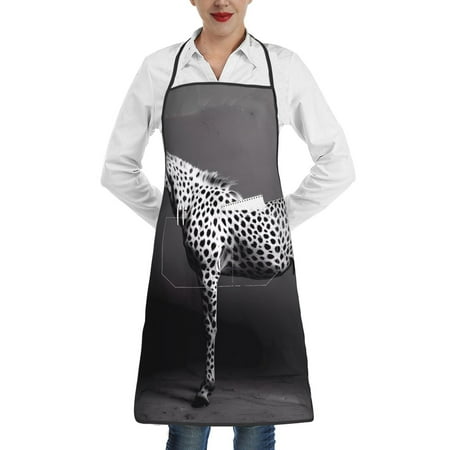 

Qekee Monochrome Leopard Horse Print Adjustable Bib Apron Resistant with Pocket Cooking Kitchen Aprons for Women Men Server Chef Apron