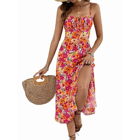 Women'S Summer Split Thigh Spaghetti Strap Midi Floral Dress Color L