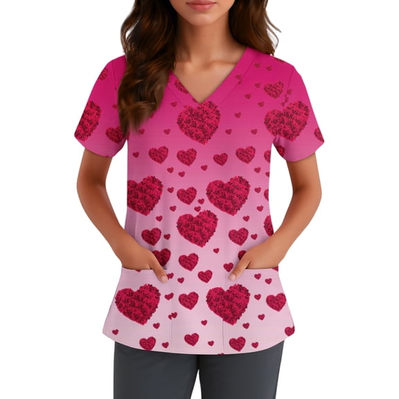 Womens V Neck Printed Scrub Tops Plus Size Medical Nursing Tops Scrubs with Pocket Purple Pink 4XL