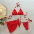 thumbnail image 5 of Tqyyweavej Women's 3 Piece Mesh Triangle Bikini Sets Halter 3D Flower Solid Color Swim Tops and Side Tied Fashion Bikini Bottoms with Bottom Coverups, 5 of 10