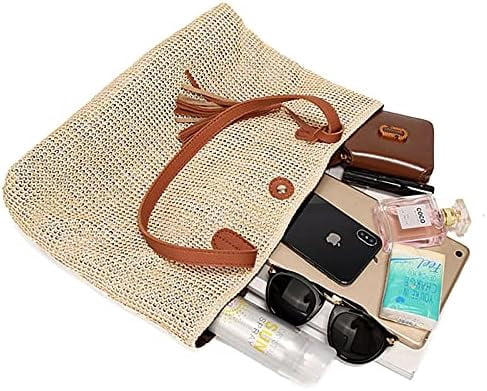 LinYooLi Women Straw Crochet Tote Bohemian Summer Beach Bag Large Handmade Shoulder Bag