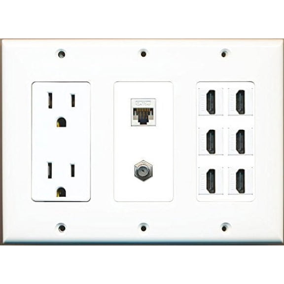 RiteAV 6 Hdmi 1 Cat5e 1 Coax Power Outlet Wall Plate White