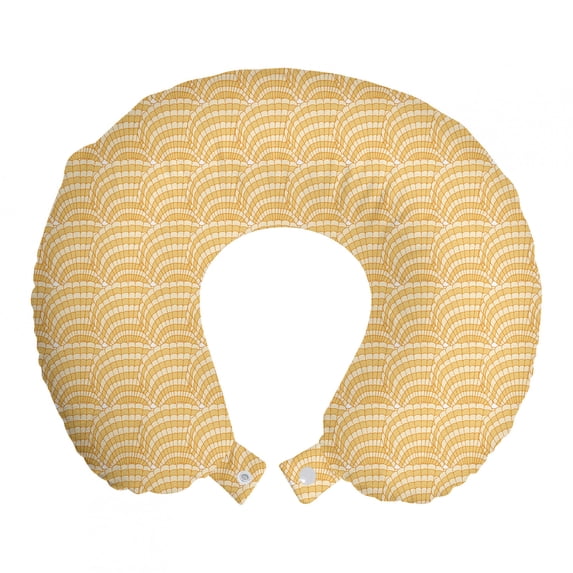 Ethnic Travel Pillow Neck Rest, Oriental Seashells Motif Underwater Theme in Traditional Tribal Art, Memory Foam Traveling Accessory Airplane and Car, 12", Pale Orange and Champagne, by Ambesonne