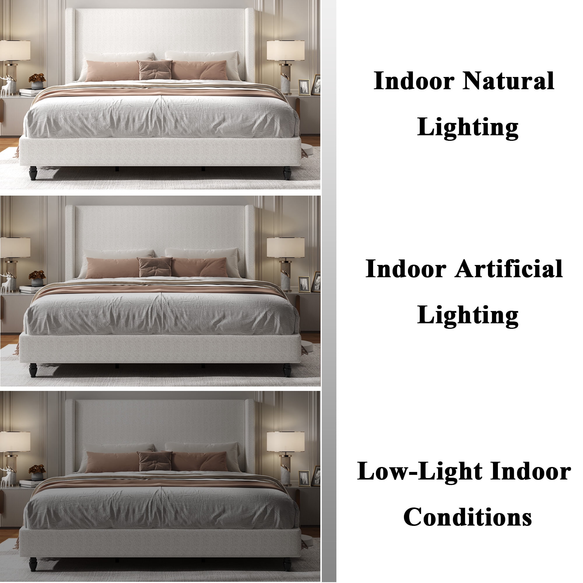 Gewnee Queen Size Platform Bed Frame with Upholstered Wingback Headboard, Sturdy Metal Support, Noise‑Free, No Box Spring Needed, Modern Bedroom Furniture, Beige