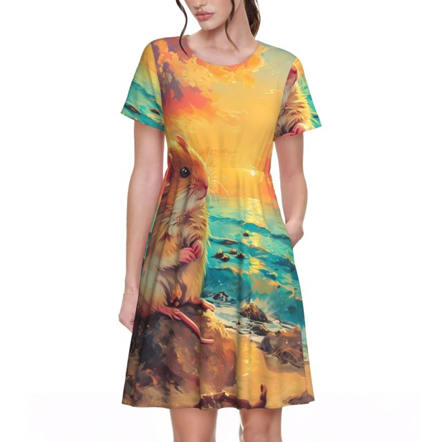 Balery Island Beach Guinea Pig Vestidos sueltos de manga corta para mujer, vestidos de verano 2025, vestidos casuales de corte A con vuelo.