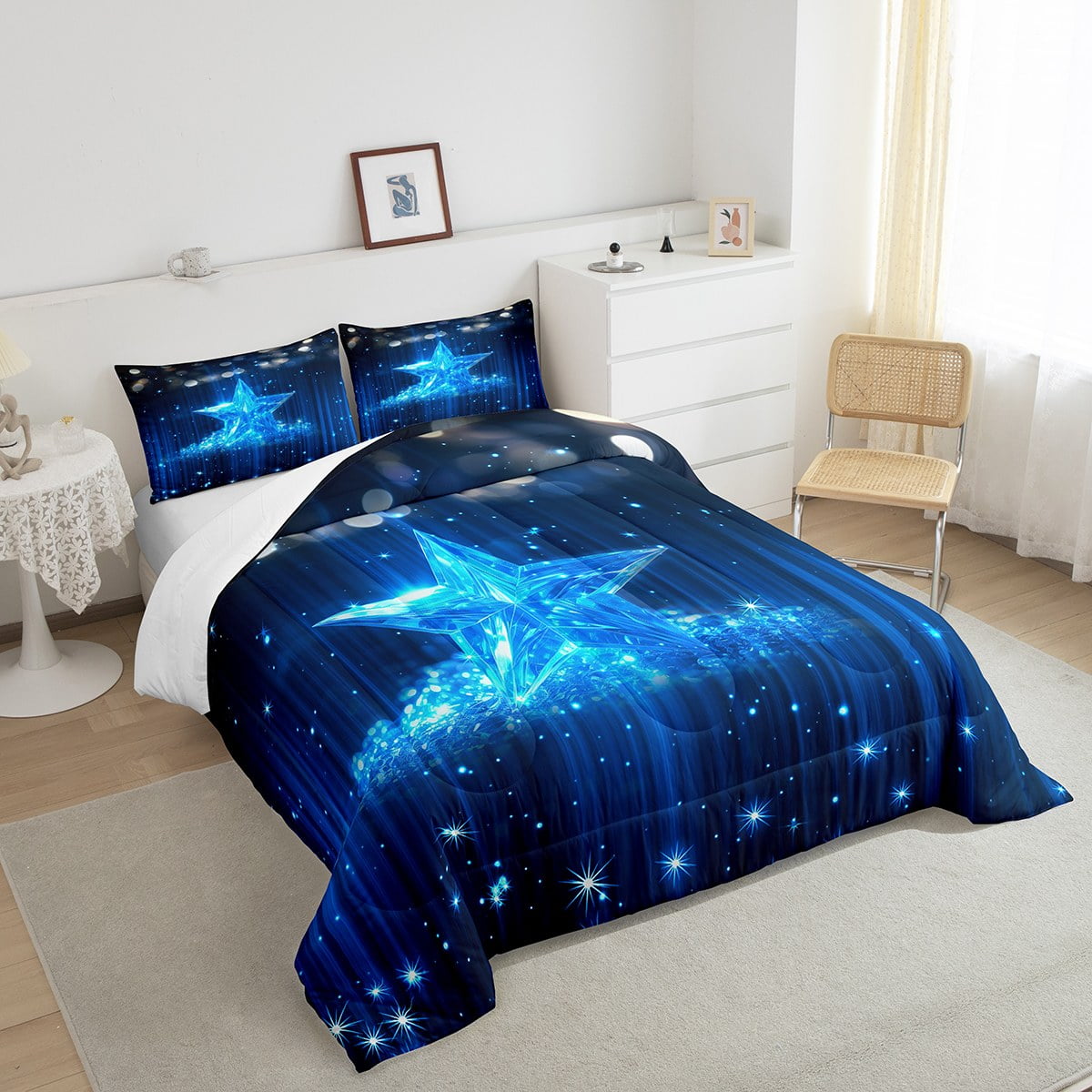 YST Black and Blue Comforter Set Queen Ombre Glitter Bedding Set Star Bedroom Decor for Girls Boys Kids Gradient Striped Comforter Lightweight 3Pcs Walmart