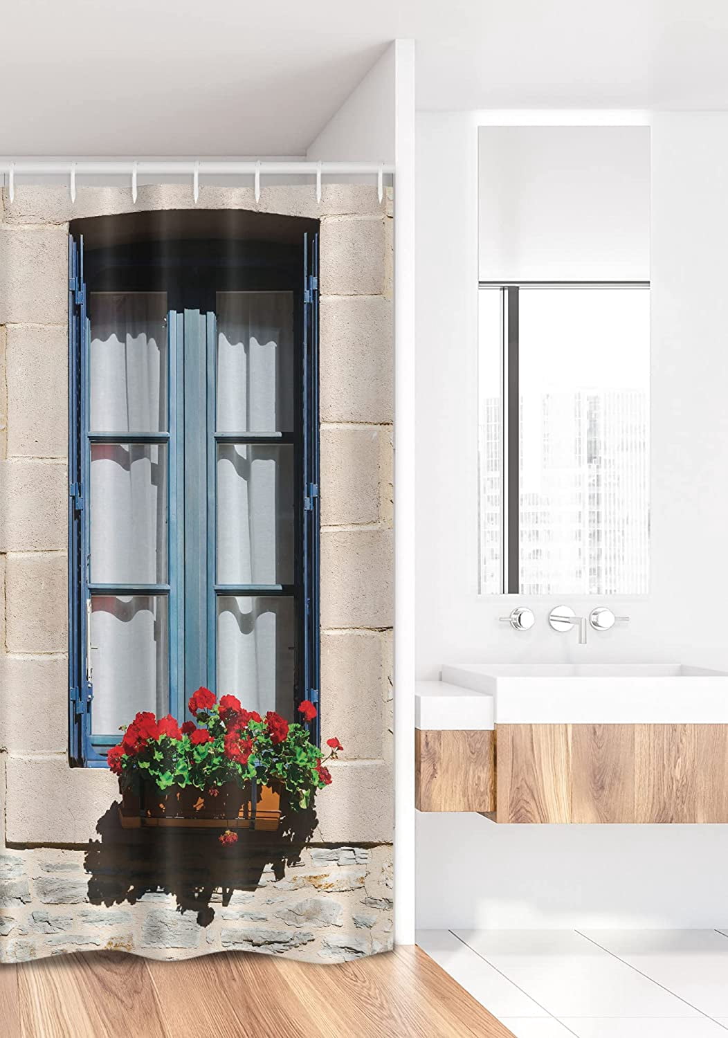 Country Stall Shower Curtain, Mediterranean Style Window Open Shutters Image French Urban Life Theme Print, Fabric Bathroom Decor Set with Hooks, 36" W x 72" L, Blue Grey