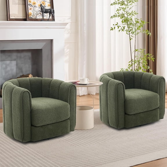 2 Pack Swivel Barrel Chair Fleece Mid-Century Accent Chair In Green for Living Room