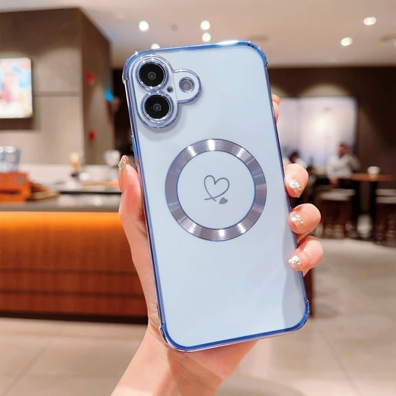 Electroplated Case For iPhone 16 Plus, Cute Gold Heart Magnetic Cover Compatible with MagSafe, Full Camera Lens Protection Shockproof Soft TPU Slim Phone Case for Women Girls,Blue