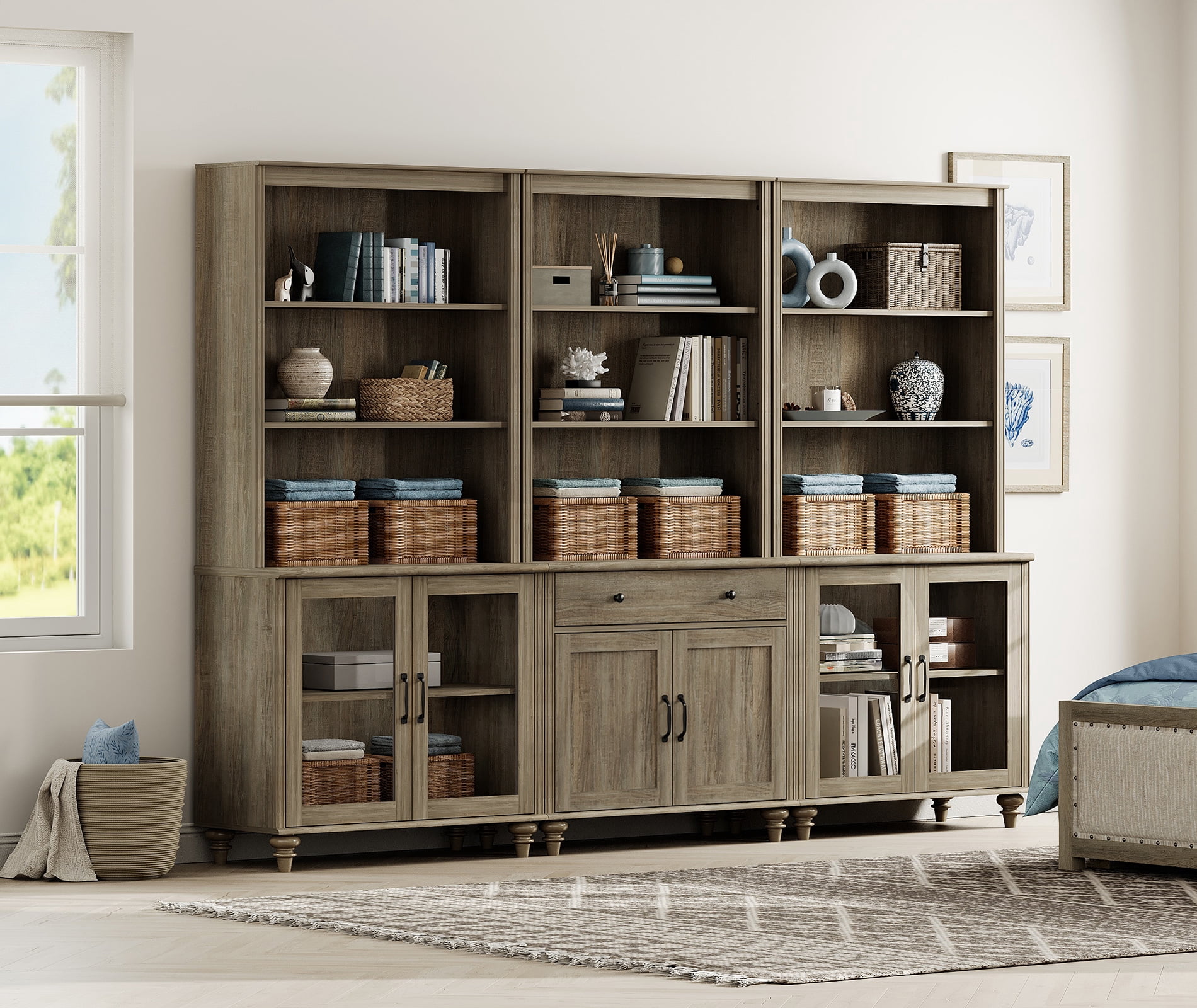 Farmhouse 5 Tier Bookcase With Doors & Drawer, Wash Gray, 101.6" W