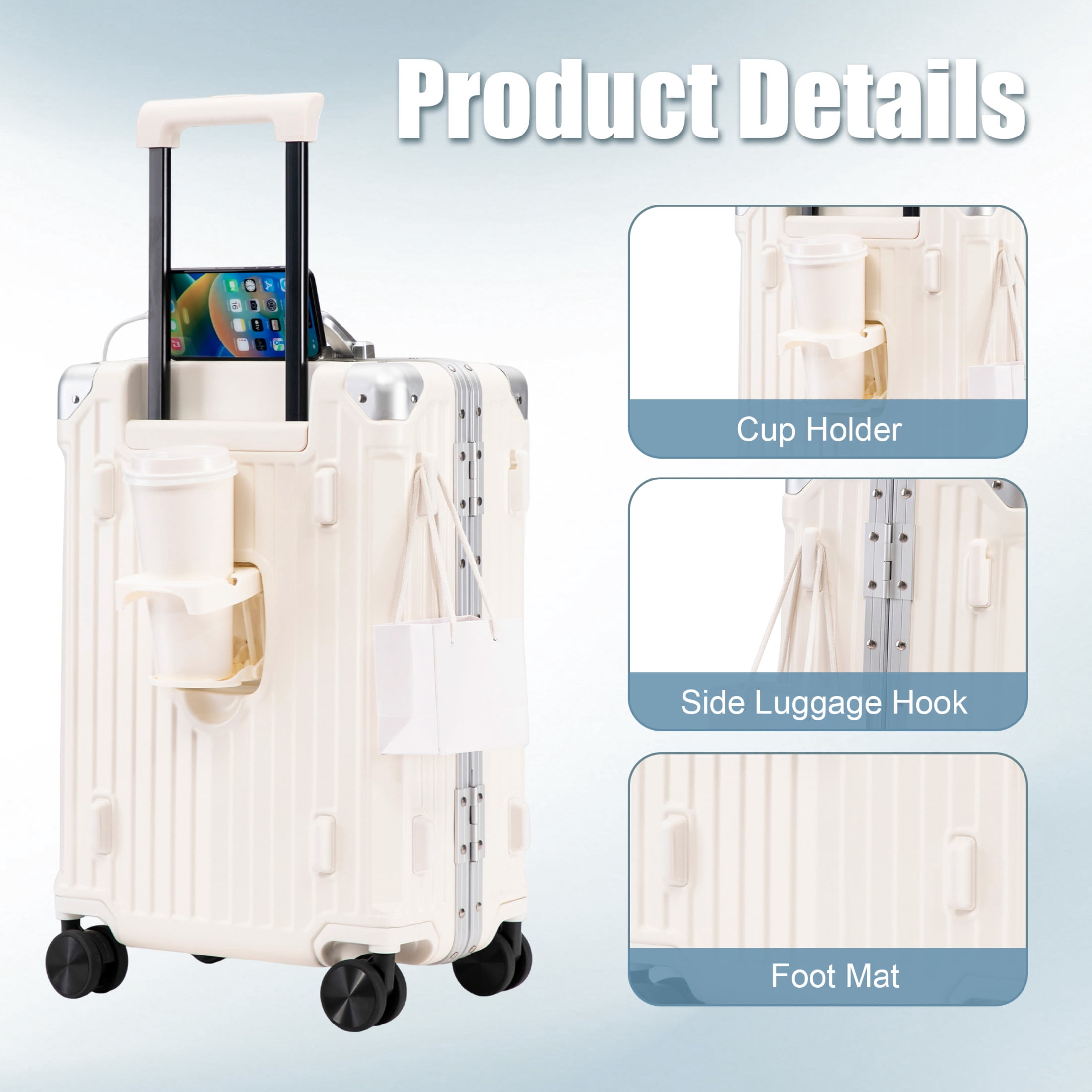 GDF Studio 20" Aluminum Frame ABS Carry-On Luggage with Charging Port & Cup Holder, Spinner Wheels Travel Trolley, Milk White