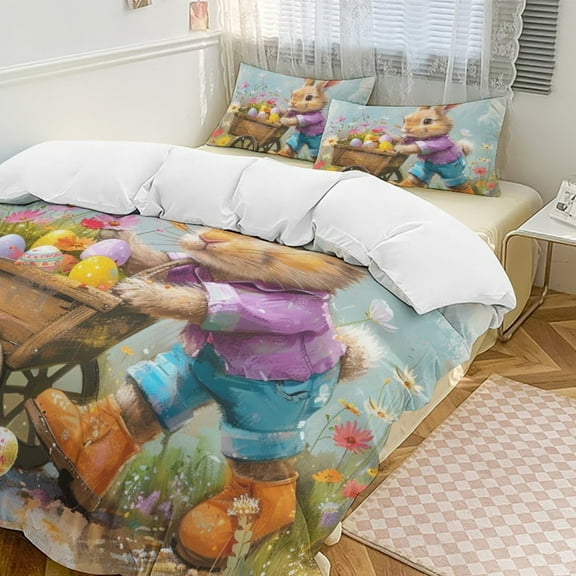 Easter Bunnies Rabbits Duvet Cover Set Themed Multicolor Polyester Bedding Set for Bedroom Decoration with 2 Pillow Shams