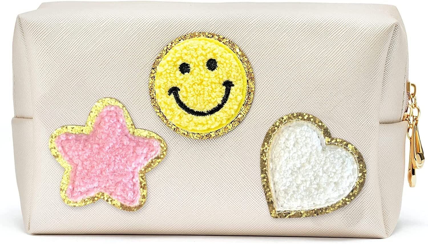 Nylea Preppy Stuff Patch Makeup Bag, PU Leather Smiley Face Makeup Bag