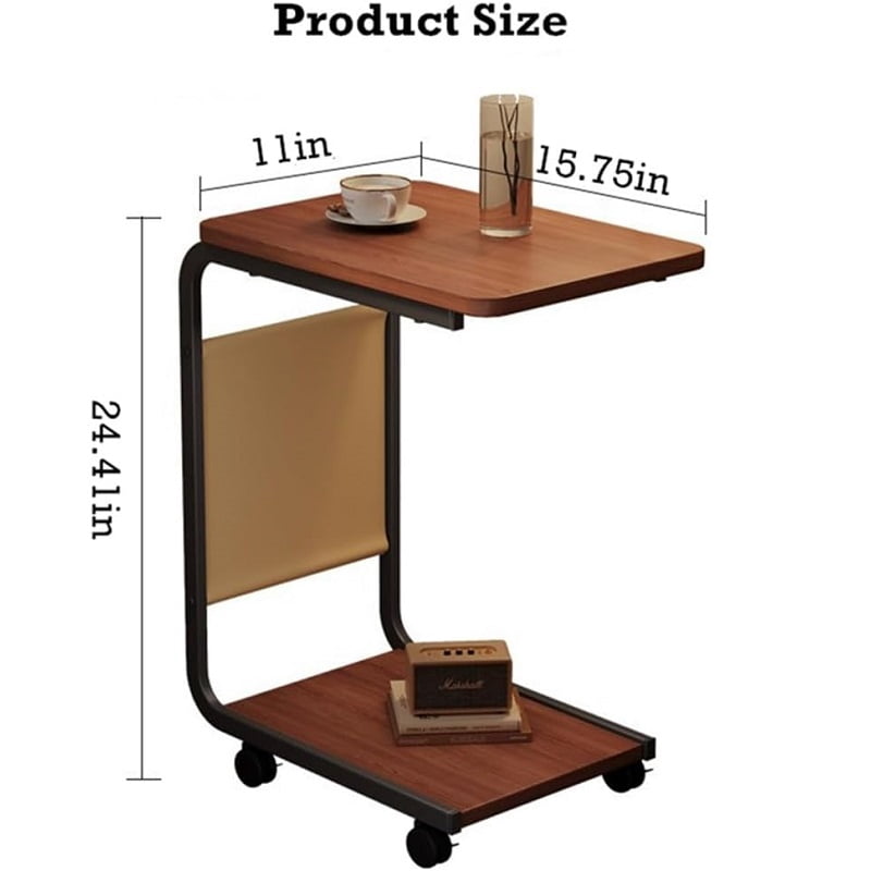 C-Shaped End Table with Wheels and Double-Layer Storage, Rolling Sofa Side Table for Couch, Bed, Bathroom, Study, Sturdy Metal Frame, 360 Rotatable Wheels, Space-Saving Snack Table