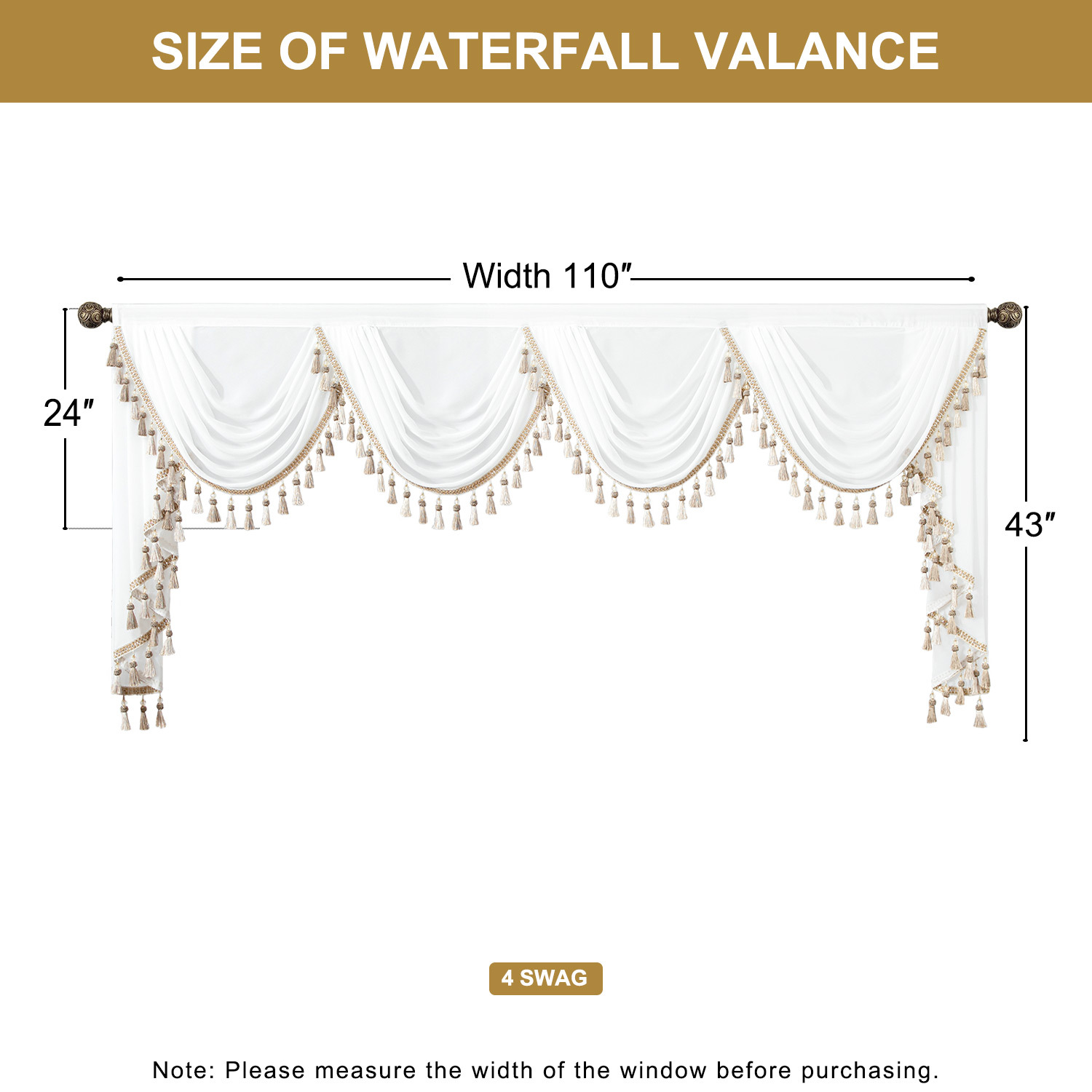 VOGOL White Swag Valances for Windows, Light Filtering Waterfall Curtains Valance for Dining Room, Silky Voile Drapes Sheer Curtain for Nursery, 110 inches Wide, 1 Panel