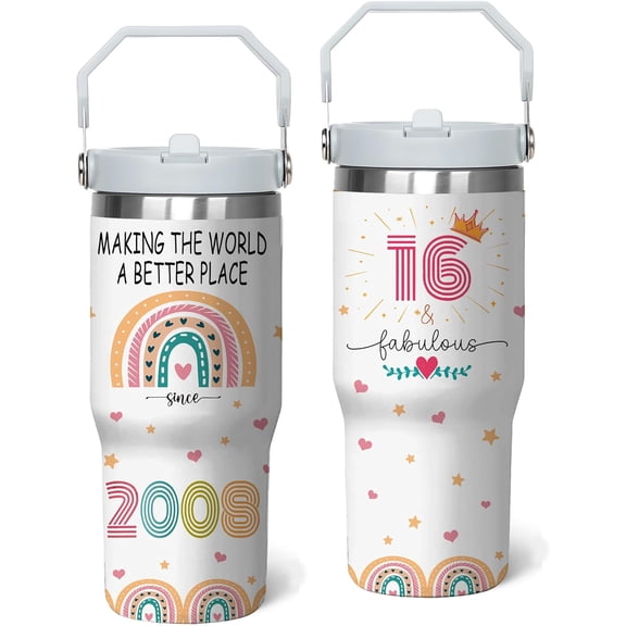 16th Birthday Tumbler with Handle & Straw, Birthday Gifts Stainless Steel Cups 30 Oz, 16 Year Old Birthday Gifts for Girls, 16th Birthday Decorations for Girls, Happy 16th Birthday Gifts for Girls