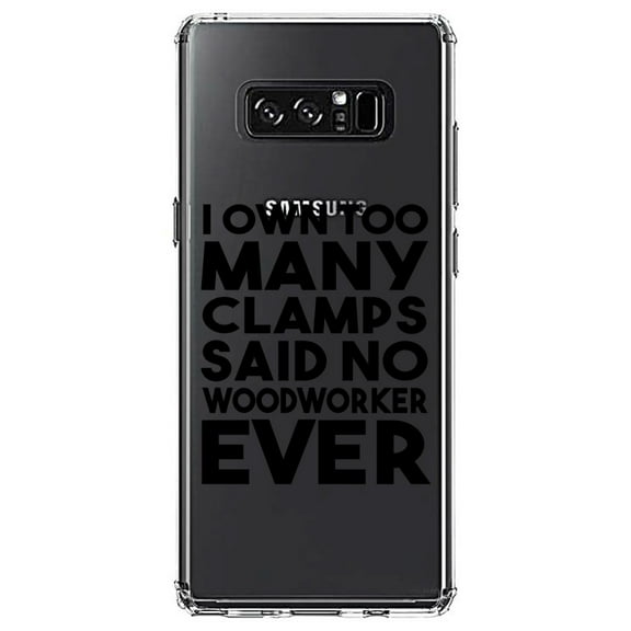 DistinctInk Clear Shockproof Hybrid Case for Samsung Galaxy Note 8 - TPU Bumper Acrylic Back Tempered Glass Screen Protector - Own Too Many Clams - No Woodworker Ever