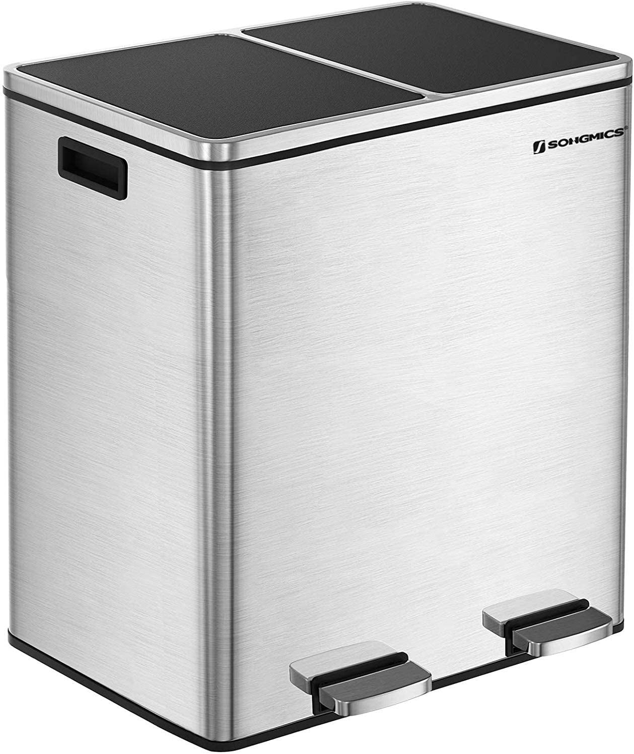 SONGMICS 16 Gallon Step Trash Can, Double Recycle Pedal Bin, 2 x 30L Garbage Bin with Plastic Inner Buckets and Carry Handles, Fingerprint Proof ...