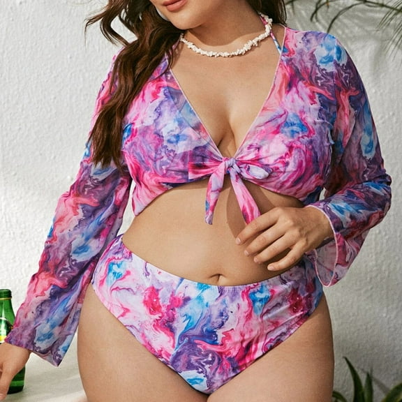 Lilgiuy Ladies Fashion Woman Plus Large Size Tie-dye Gradient Color Coat Women's Split Swimsuit Three-piece Set Swimming Pool Beach Volleyball Suits