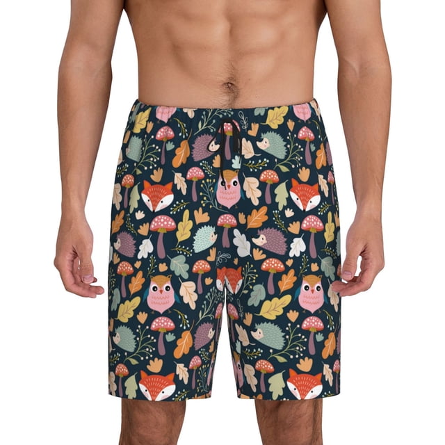 Balery Autumn Fox Owl Pantalones cortos de pijama de punto de algodón para hombre con cinturilla y bolsillos-X-Large