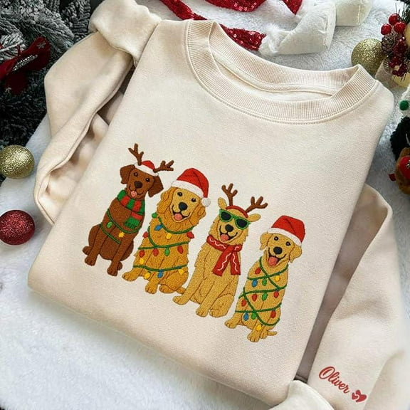 Embroidered Golden Retriever Christmas Sweatshirt – Personalized Dog Lover Gift, Holiday Crewneck with Custom Name, Merry Christmas Sweater