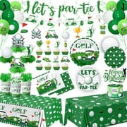 Golf Themed Party Decor - Complete "Let's Par-Tee" kit with balloons, plates, napkins, cake toppers, and banner serving 24 guests.