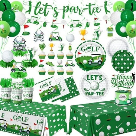 Golf Themed Party Decor - Complete "Let's Par-Tee" kit with balloons, plates, napkins, cake toppers, and banner serving 24 guests.