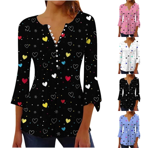 VKOYWKM Tunic Tops for Women Valentine's Day Shirts 3/4 Bell Sleeve Button V Neck Henley Shirt Cute Love Heart Print Pleated Empire Waist Tunic Blouses