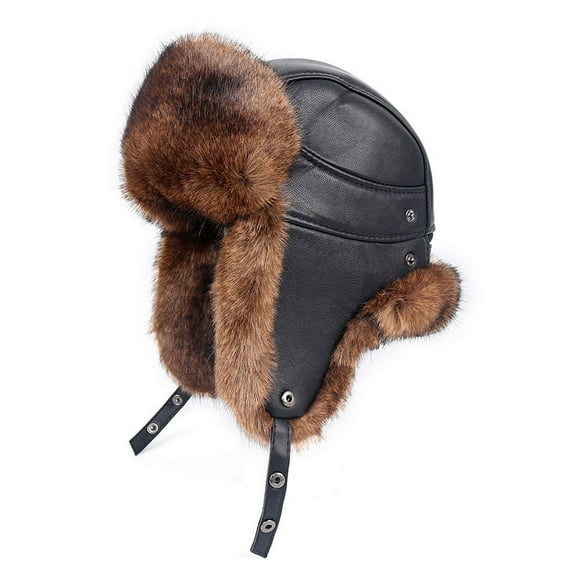 Bomber Hat Men Winter Warm Russian Hat With Ear Flap Pu Leather Trapper Cap Faux Earflap Snow Hats ,Fashion