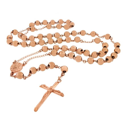 Rose Rosary - Men's Stainless Steel Rose Tone Rosary Ball Chain Necklace with Cross 6mm 28