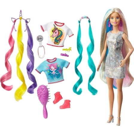 Barbie Fantasy Hair Doll & Accessories, Long Colorful Blonde Hair with Mermaid & Unicorn-Inspired Clothes