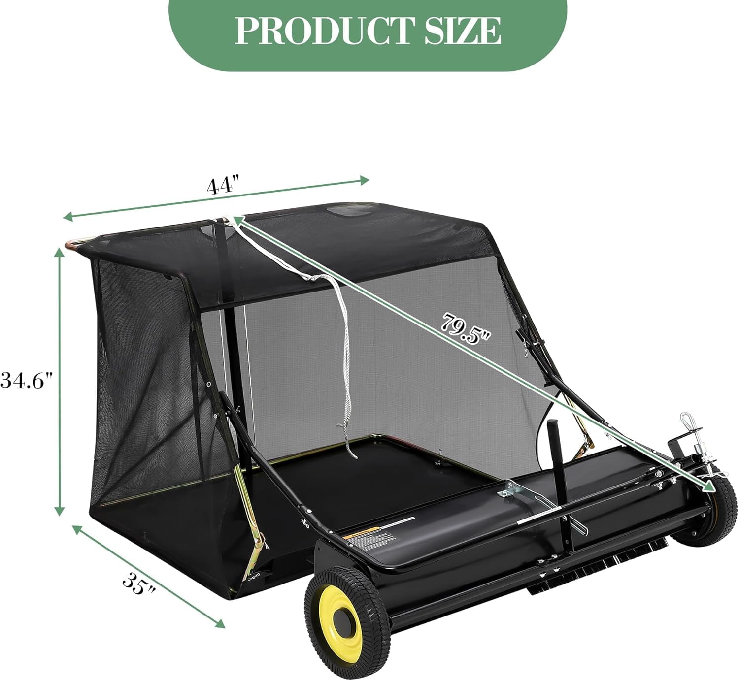 Rugerasy 44 inch Lawn Sweeper Tow Behind,Pull Behind Leaf Sweeper for Lawn Leaf Collector with Adjustable Height and Dumping Rope Desig,Easy Dumping,Black