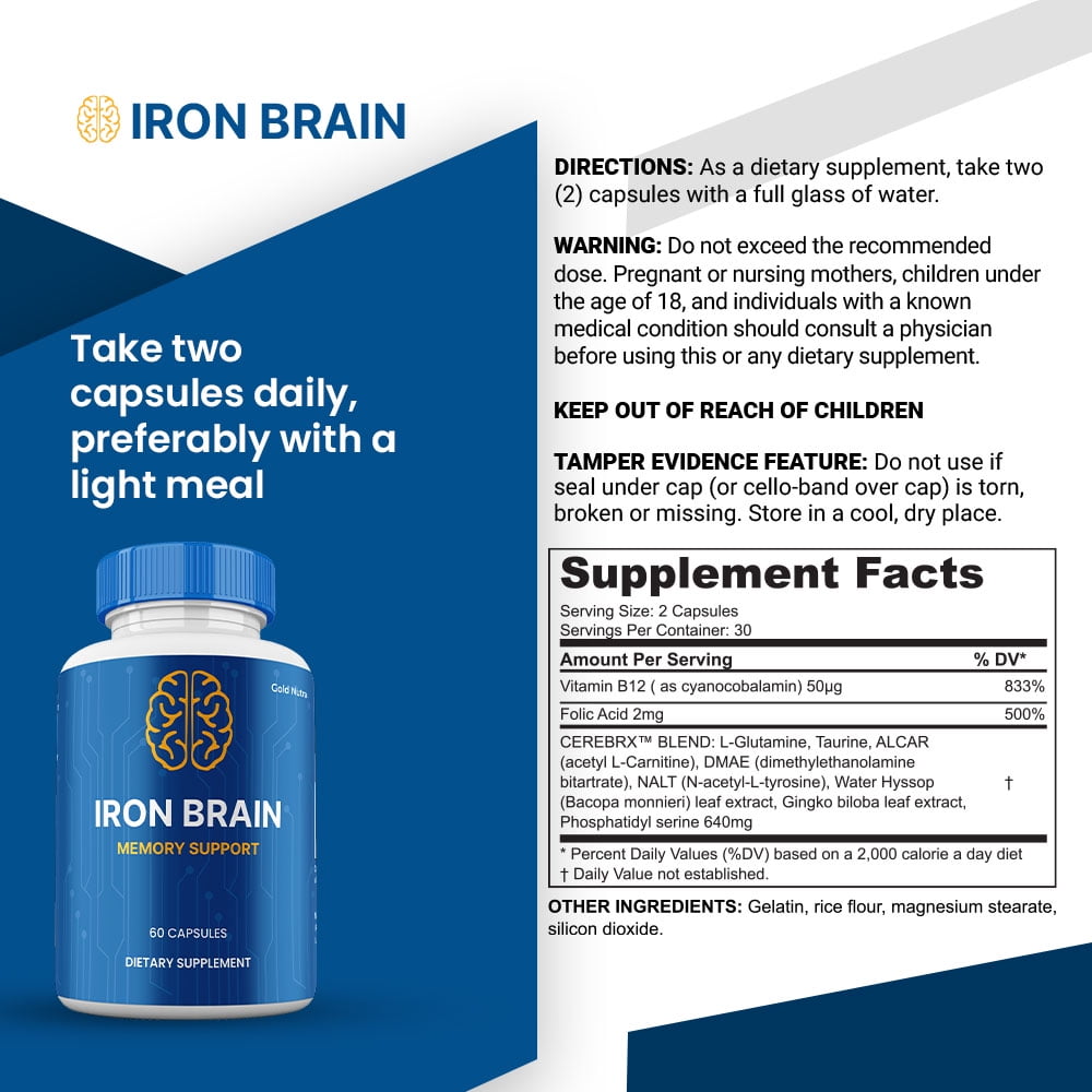 Iron Brain Capsules, Maximum Strength Pills Cognitive and Brain, IronBrain Supplement for Neuro Health (5 Pack)