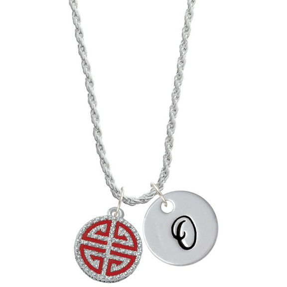 Delight Jewelry Silvertone Red Chinese Blessing Silvertone Script Initial Disc - O - Charm Necklace, 20"+3"