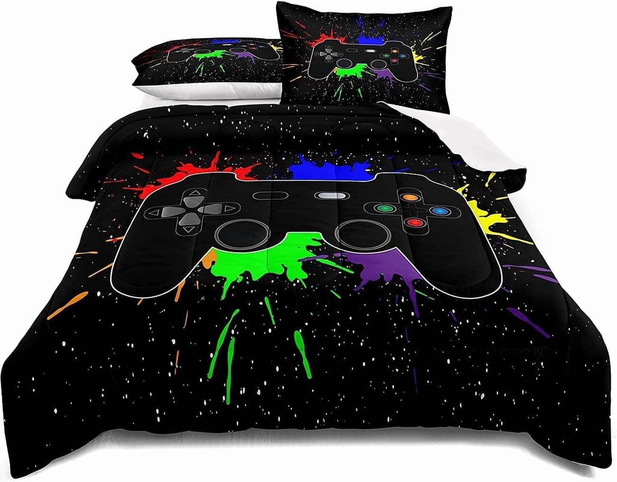Twin Size Gaming Bedding Set - Soft Microfiber Comforter with Controller & Button Design - for Kids, Teens, Adults - Includes Pillow Sham - Gamer Room Decor
