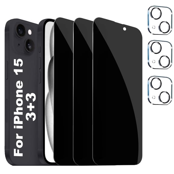 [3 3 Pack]Kicococ For iphone 15 Screen Protector with Camera Lens Protector,Case Friendly Privacy Tempered Glass Film for iPhone 15