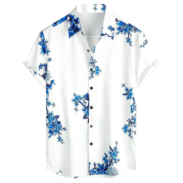Camisas Vaqueras Para Hombre XXL Casual Hombres Solapa Estampado Manga Corta Puños Botón Puerto Estilo Floral Camisa Sand Beach Hawaiianss Summer Top (Blue, L)