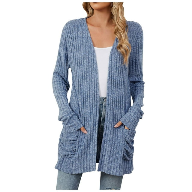 GPOECD Women Fall Solid Color Open Front Cardigan Lightweight Long Sleeve Pure Color Slim Fit Cardigan Outerwear with Pockets B-Blue,S