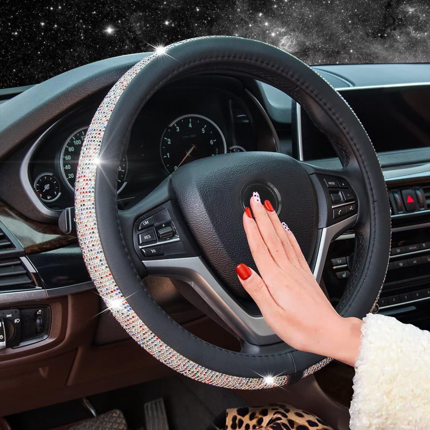 New Diamond Leather Steering Wheel Cover with Bling Bling Crystal Rhinestones, Universal Fit 15 Inch Car Wheel Protector for Women Girls Black with Colorful Diamonds