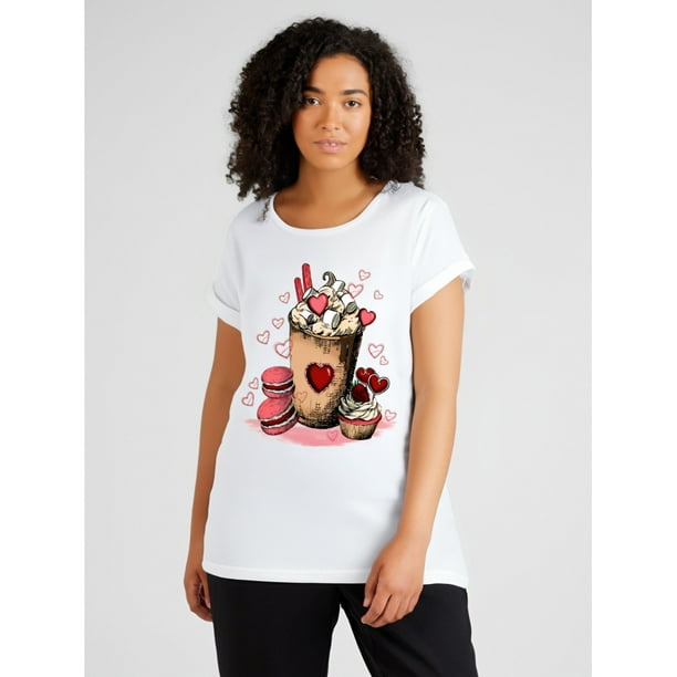 Camisetas de manga corta para mujer, camisetas de verano estampadas, cómodas, divertidas y casuales, para vacacionesValentine's Day Heart Print T-Shirt, Round Neck Casual Sport Top, Medium Stretch K