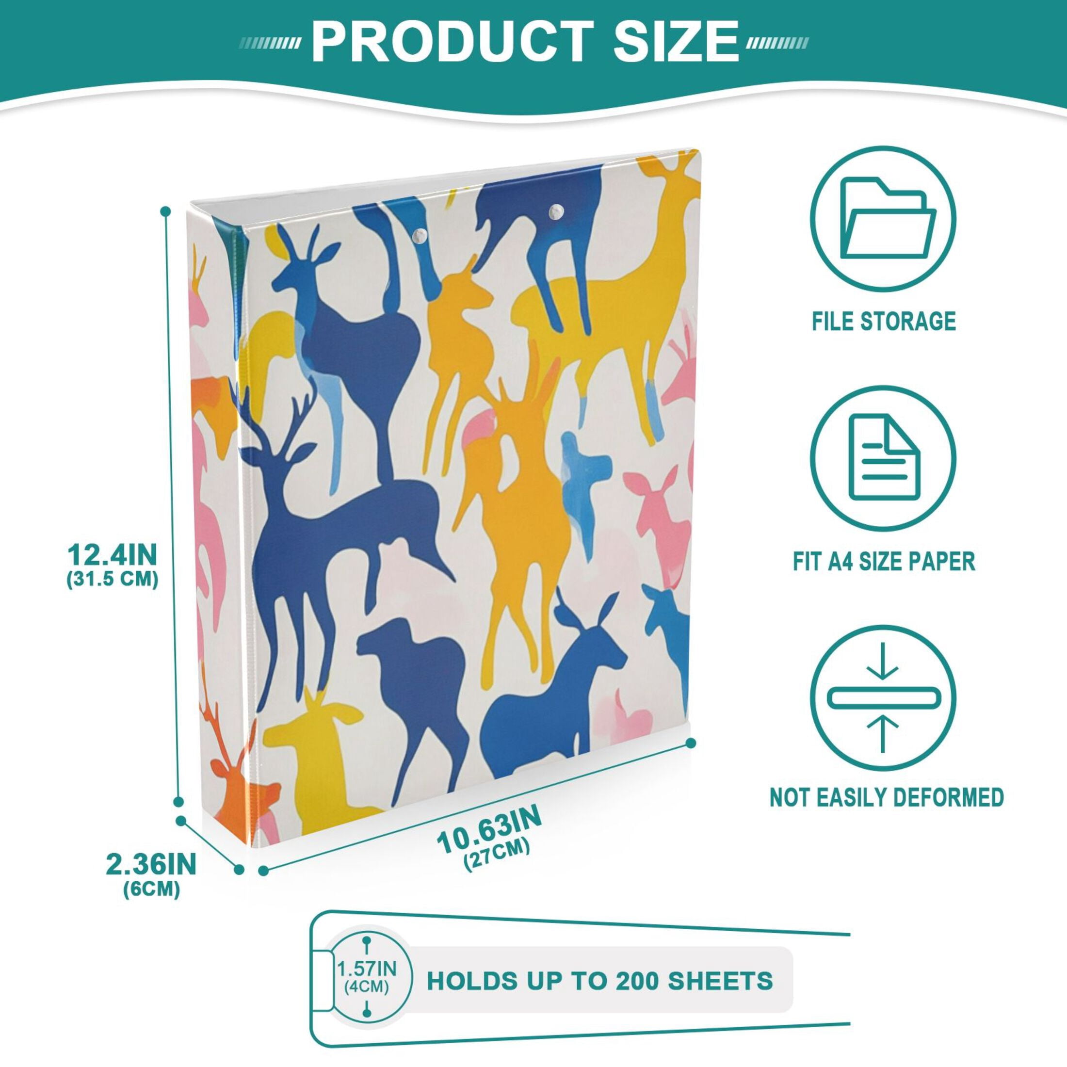 Colorful Deers Run 3 Ring Binders 1.5 inch Hardcover File Folders with Interior Pockets A4 Size Organizer for School Office Hospital Set of 2