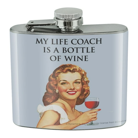 My Life Coach is a Bottle of Wine Funny Humor Stainless Steel 5oz Hip Drink Kidney Flask