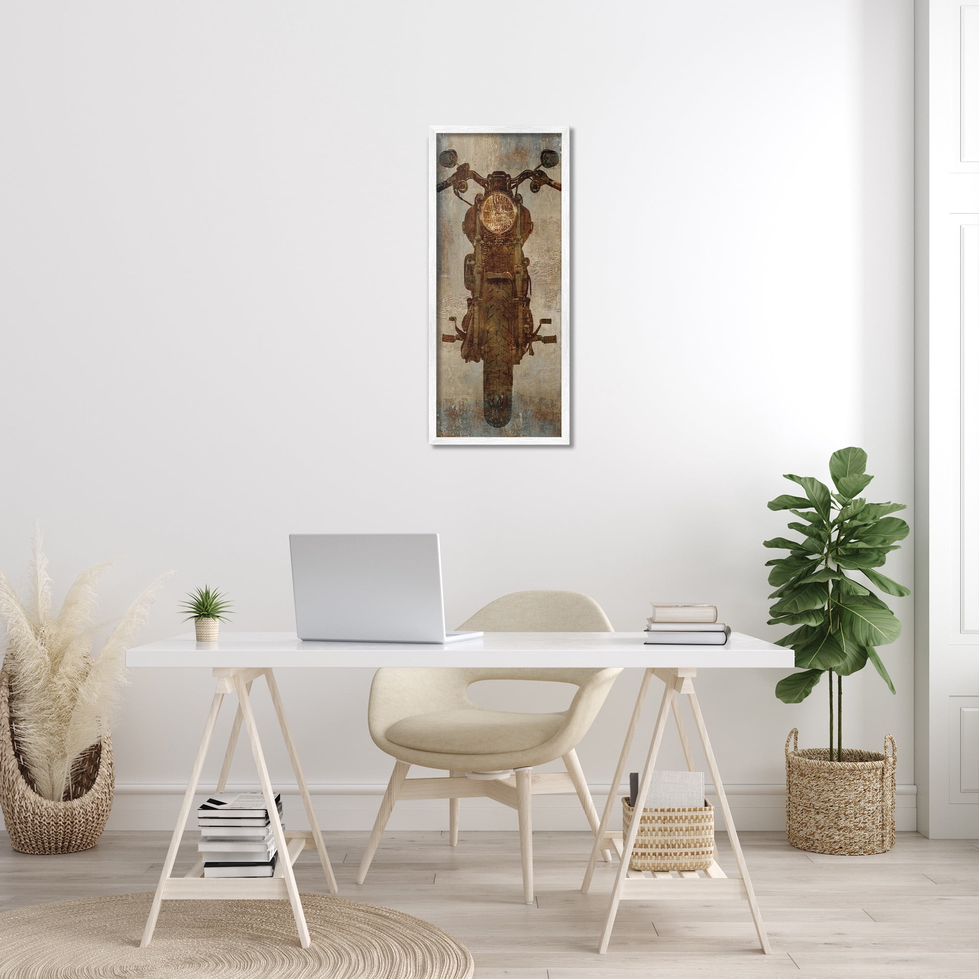 Stupell Industries Motorcycle Silhouette Rustic Pattern Transportation Painting White Framed Art Print Wall Art, 13 x 30