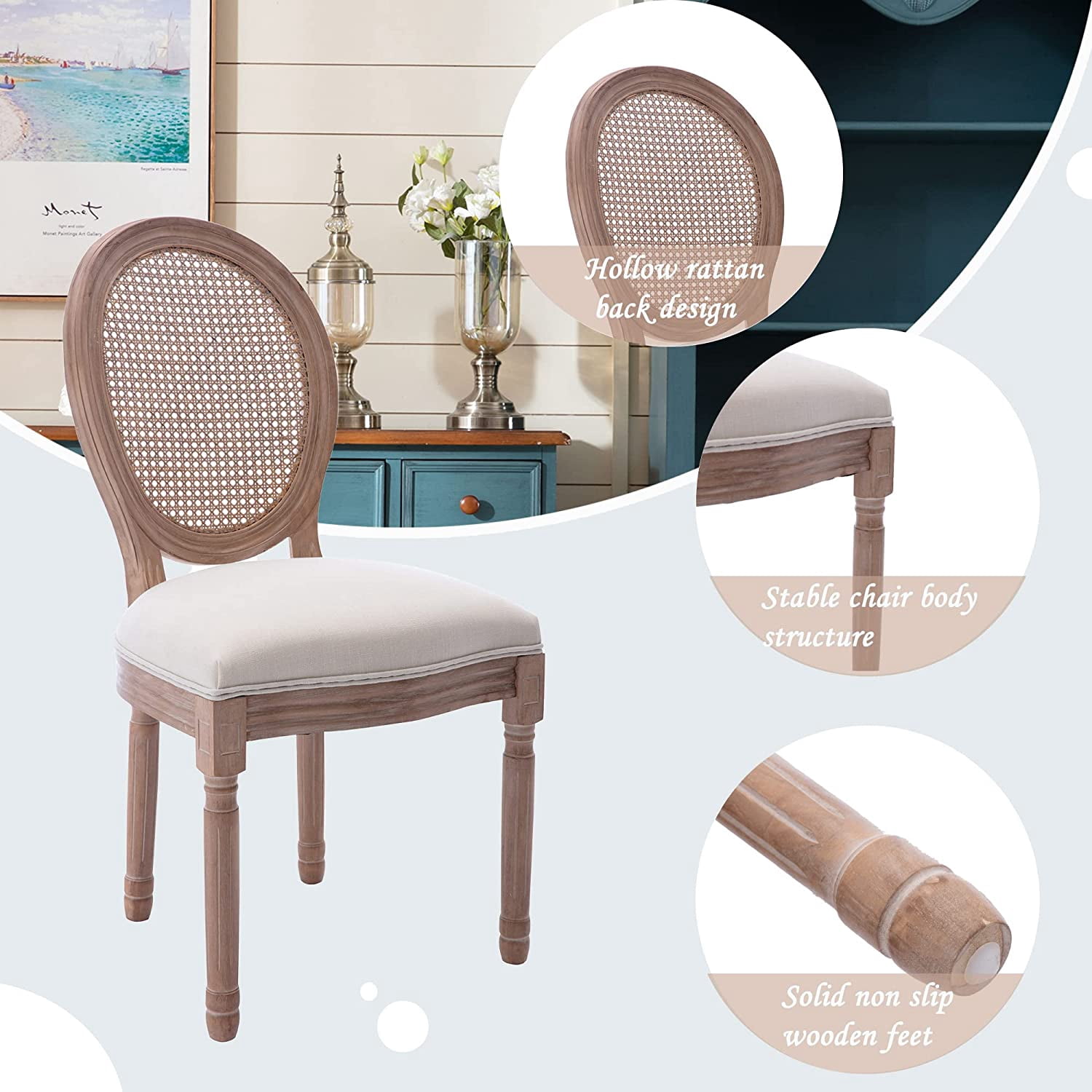 Sumdeal French Dining Chairs Set, Upholstered Vintage Farmhouse Chair,Mid Century Fabric Chair with Solid rubberwood Leg for Dining Room Bedroom Kitchen Restaurant
