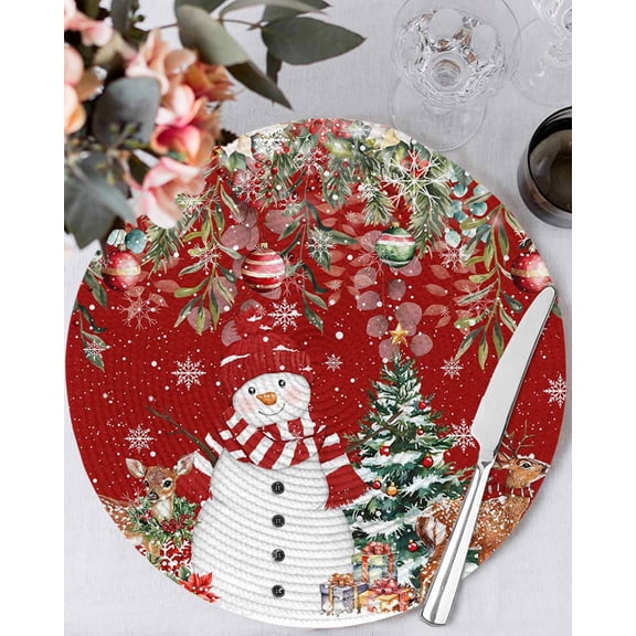 15 Inch Round Placemats Set of 6, Red Christmas Non Slip Heat Insulation PP Table Mats, Snowman Xmas Tree Poinsettia Eucalyptus Washable Place Mats for Kitchen Dining Party Table Decor