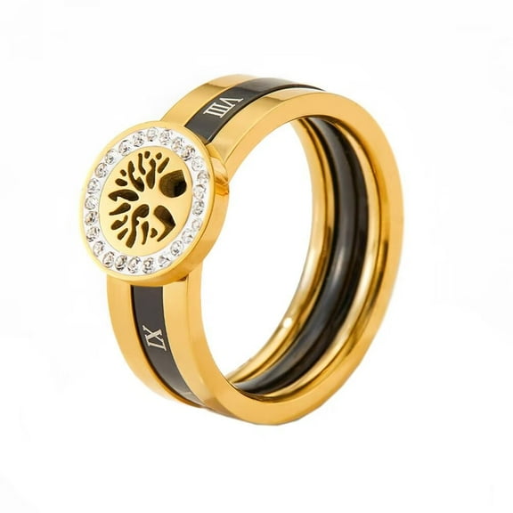 PAMTIER Women's Stainless Steel Jewelry Simple Tree of Life Roman Numeral Stacking Ring Gold Size 10