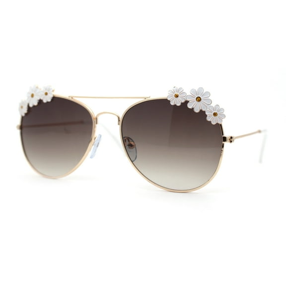 Girls Kids Size Daisy Jewel Tear Drop Officer Style Metal Rim Sunglasses Gold White / Brown