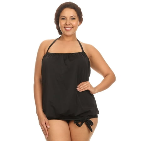 Plus Size Solid Black Bandeau Blouson Tie Tankini