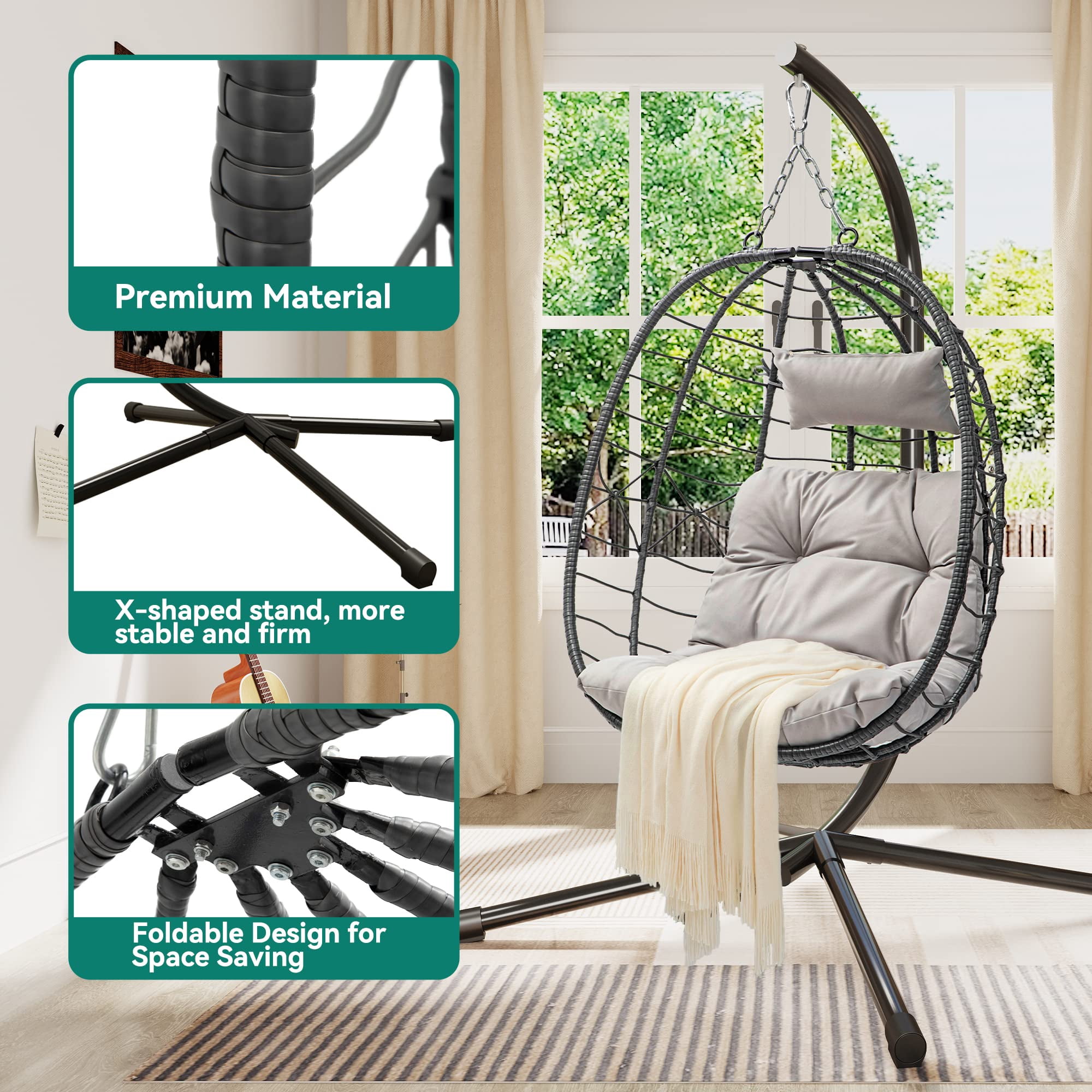 Uforic Wicker Egg Swing Chair with Stand & Cushion, 330lbs Capacity, Beige