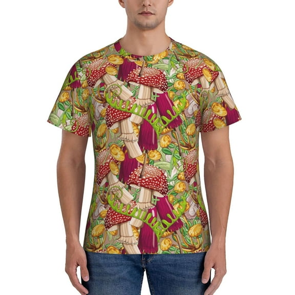 Naloa Colored Large Mushrooms and Leaves Men's T-Shirt Sport T-shirt Men's Basic Tee Casual Men's Shirt, Round Neck, Short Sleeves - Small